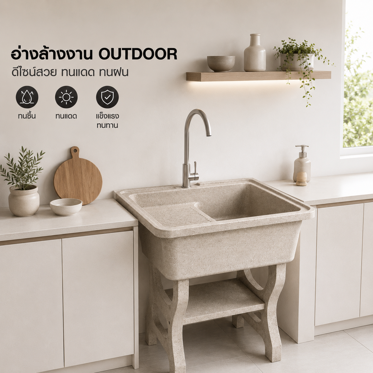 อ่างล้างจานขาตั้ง หินควอตซ์ 1 หลุม 1 ที่พัก DINOSAUR WASHTUB ขนาด 80X60X23ซม. สีออฟไวท์_2